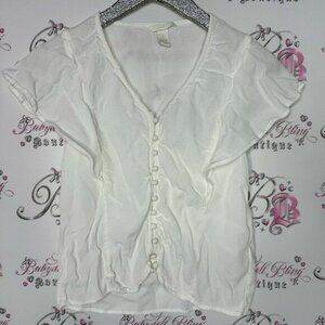 H&M blouse white cream button down style linen type shirt top cute cottagecore